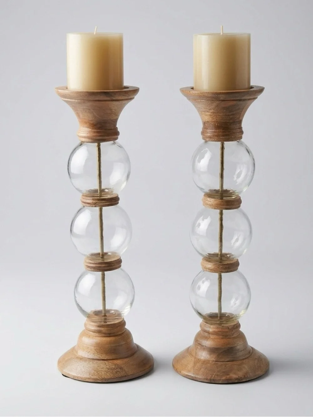 Pier 1 Natural Wood and Clear Glass Pillar Candle Holders - Pair